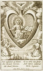 Jesusbarnet siddende i det hellige hjerte med en åben bog