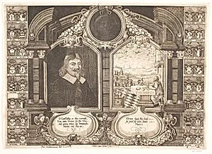 Johan Brockenhuus samt scene med evangelisten Matthæus. Til Ligprædiken by Anders Ottesen