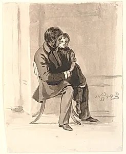 Johan Thomas Lundbye med Olympia Freund på skødet. by P.C. Skovgaard