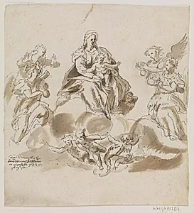 Jomfru Maria med barnet i himlen omgivet af engle og putti