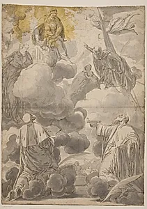 Jomfru Maria med barnet i skyerne omgivet af engle og Skt. Cosmas og Damianos, Skt. Cecilia, Skt. Secundus og Skt. Marina by Valentin Lefèbvre