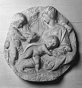 Jomfru Maria med Barnet og den unge Johannes Døber, 'Tondo Taddei' by Michelangelo Buonarroti