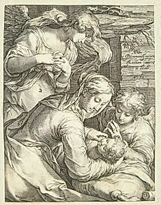 Jomfru Maria med barnet og to engle by Jacob Matham