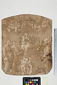 Jomfru Maria med barnet omgivet af helgenerne Peter, Bernhard (eller Bruno), Jakob, Augustin og fire engle. Efter Raphaels "Madonna del Baldacchino" by Ubekendt