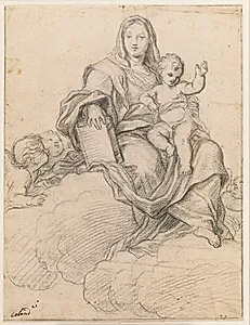 Jomfru Maria med barnet tronende i skyerne by Giacinto Calandrucci