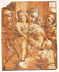Jomfru Maria med Jesusbarnet flankeret af Johannes Døberen som barn, den hellige Frans af Assisi og Katarina af Siena by Andrea Andreani