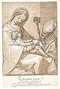Jomfru Maria med Jesusbarnet og en biskop by Andrea Andreani
