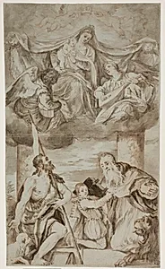 Jomfru Maria med Jesusbarnet omgivet af engle i skyerne med Johannes Døberen og Hieronymus, efter Paolo Veroneses maleri tidligere i S. Francesco della Vigna, Venedig by Ubekendt