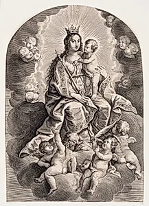 Jomfru Maria med Jesusbarnet på en sky omgivet af engle (Laeua eius sub capite ...) by Theodoor van Merlen