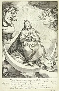 Jomfru Maria med Jesusbarnet på halvmåneseglet, omgivet af engle by Jacob Matham