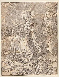 Jomfru Maria med Jesusbarnet, siddende på en græsbænk