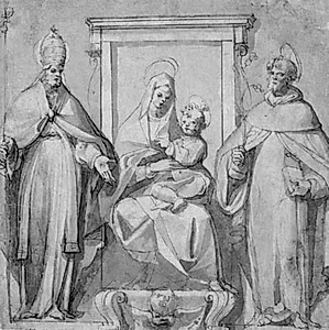 Jomfru Maria med Jesusbarnet, tronende mellem Skt. Dominik og en pavelig helgen by Ubekendt