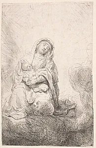 Jomfru Maria med Kristusbarnet i skyerne by Rembrandt van Rijn
