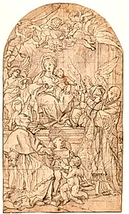 Jomfru Maria og barn siddende omgivet af engle og Sankt Carlo Borromeo og Sankt Ignatius af Loyola by Ubekendt
