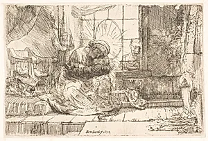 Jomfru Maria og barnet med katten by Rembrandt van Rijn