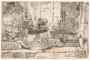 Jomfru Maria og barnet med katten by Rembrandt van Rijn