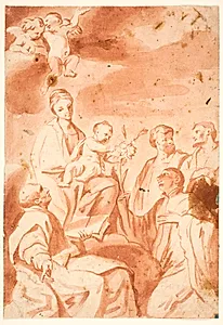 Jomfru Maria og barnet tronende med helgerne Ignatius af Loyola, Francis Xavier, Kosmas og Damian by Ubekendt