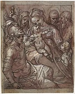 Jomfru Maria og Jesusbarnet med Johannes Døberen som dreng, Bernardino af Siena (?), Kathrine af Siena, ærkeenglen Michael og en skægget helgen by Francesco Rustici
