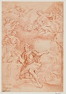 Jomfru Maria og to kvinder (de tre Maria'er) åbenbarer sig for den hellige Vilhelm af Aquitanien by Giacinto Calandrucci