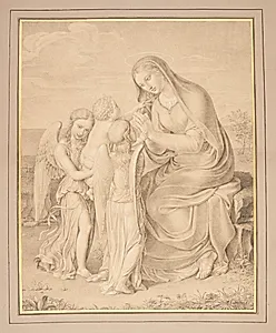 Jomfru Maria tilbedende Jesusbarnet, som bæres af to engle by Monogrammist OSt