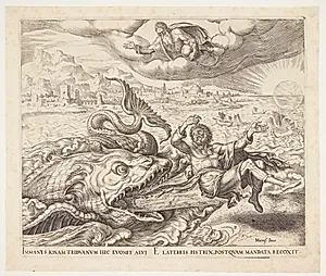 Jonas udspyes af fisken og lander på kysten by Philips Galle