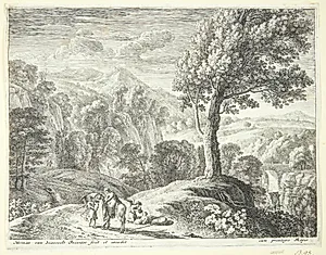 Josef hjælper Maria ned fra æslet by Herman van Swanevelt