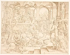 Josias befaler, at alle højenes præster skal dræbes by Maarten van Heemskerck