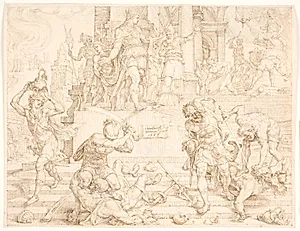 Josias befaler, at alle ting, der var lavet til Ba'al, skal ødelægges og præsterne dræbes by Maarten van Heemskerck
