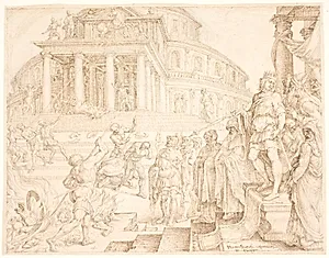 Josias befaler, at hestene skal fjernes og solvognene brændes by Maarten van Heemskerck