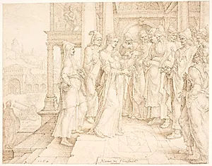 Judit taler med de ældste fra Betylua by Maarten van Heemskerck