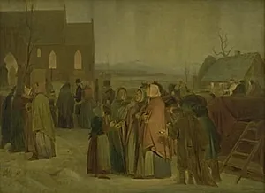 Julemorgen. Bønder uden for en kirke by Jørgen V. Sonne