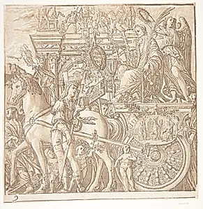 Julius Cæsar på en hestetrukken vogn, krones med laurbær af en engel by Andrea Andreani