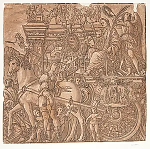 Julius Cæsar på en hestetrukken vogn, krones med laurbær af en engel by Andrea Andreani