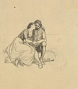 Kærestepar i nationaldragter siddende på en træstamme by Wilhelm Marstrand