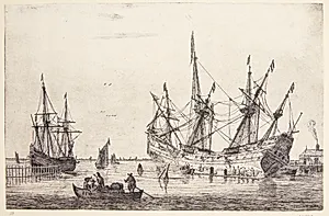 Kalfatring af tre kølhalede skibe by Reinier Zeeman