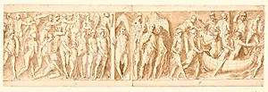 Kamp mellem romere og sarmatere; Marcus Aurelius taler med to ledsagere uden for lejren; indskibning og afsejling by Giovanni Guerra