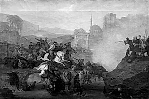 Kamp mellem tyrkere og grækere på en bro by Jørgen V. Sonne