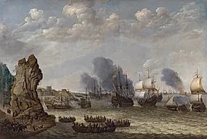 Kamp ved en kyst mellem spaniere og hollændere, der gør landgang by Abraham Willaerts