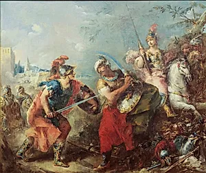Kampen mellem Tancred og Argante med Clorinda i baggrunden by Giovanni Antonio Guardi