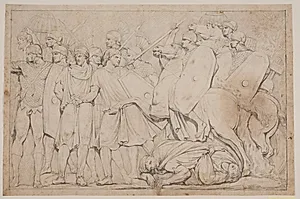 Kampscene. Hjelmklædte soldater (også ryttere) i rustning med spyd og skjolde og barbarer by Jacques François Joseph Saly