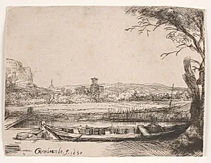 Kanal med en stor båd by Rembrandt van Rijn
