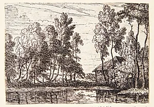 Kanal med træer og et hus by Lodewijk de Vadder
