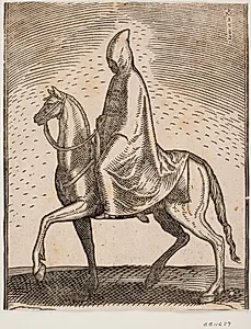Kappe- og hætteklædt rytter, profil t.v.; under kappen skimtes et sværd by Melchior Lorck