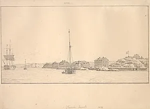 Karantænestationen på Känsö i Göteborgs skærgård. by C.W. Eckersberg