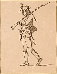 Karikatur af en soldat i profil til venstre. Hans venstre arm ligger i bind, men bærer dog et gevær. by Nicolai Abildgaard