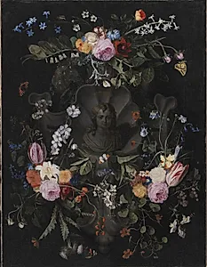Kartouche med buste af Jesus omgivet af blomsterguirlande by Andries Bosman