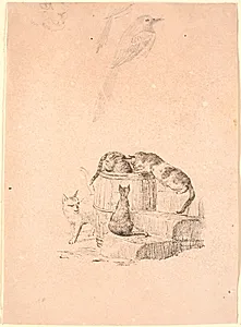 Kattene. Foroven blyantsstudie af et kattehoved og to skader by Johan Thomas Lundbye