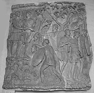 Kejser Trajan med følge. Hovederne af de faldne dakiske høvdinge bringes til kejseren by Ubekendt