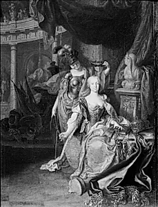 Kejserinde Maria Theresia bekranses af Visdommen by Johann Georg Dathan