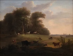 Keld Skov ved Frederiksborg med en del af det kongelige stutteri. I forgrunden schweizer- og tyrolerkvæg by Christian David Gebauer